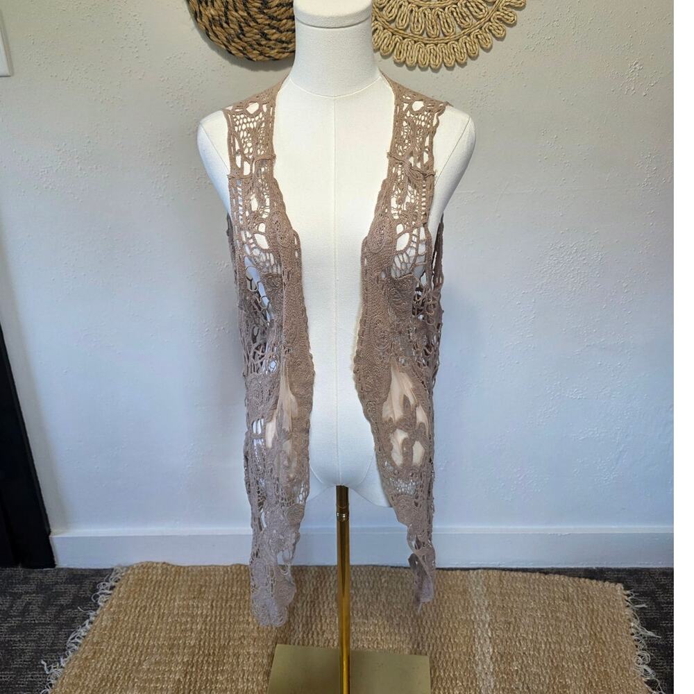 Jastie Mocha Beige Crochet Festival Asymmetrical Open Front Cardigan Womens OS - Picture 2 of 4